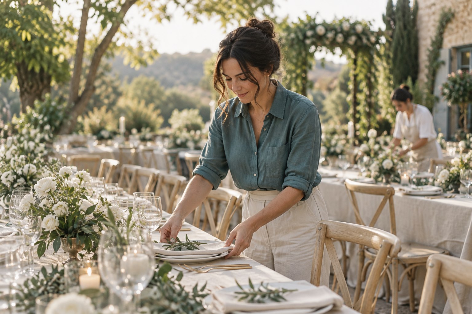 Illustrative scene of event professionals preparing a garden reception.